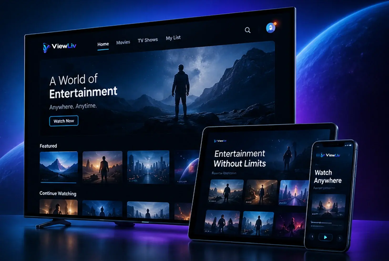The ViewLiv app shown on a TV, tablet and smartphone