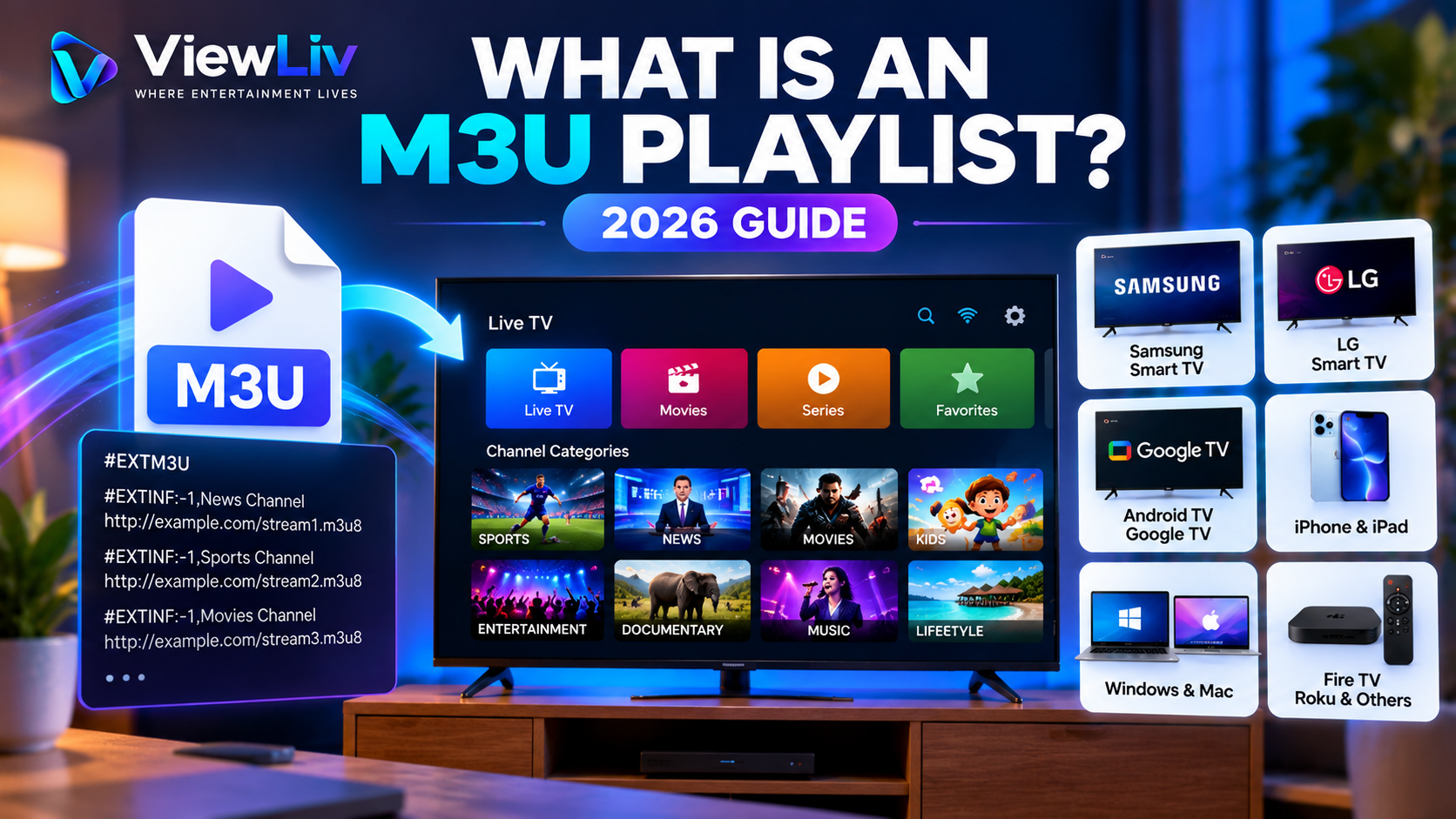 ViewLiv M3U playlist guide 2026 showing a Smart TV, playlist file, and compatible streaming devices