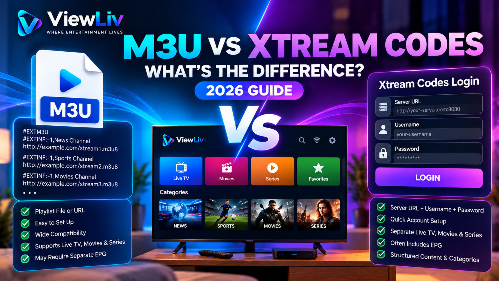 M3U playlist versus Xtream Codes login comparison showing playlist URL and server login methods — ViewLiv 2026 guide