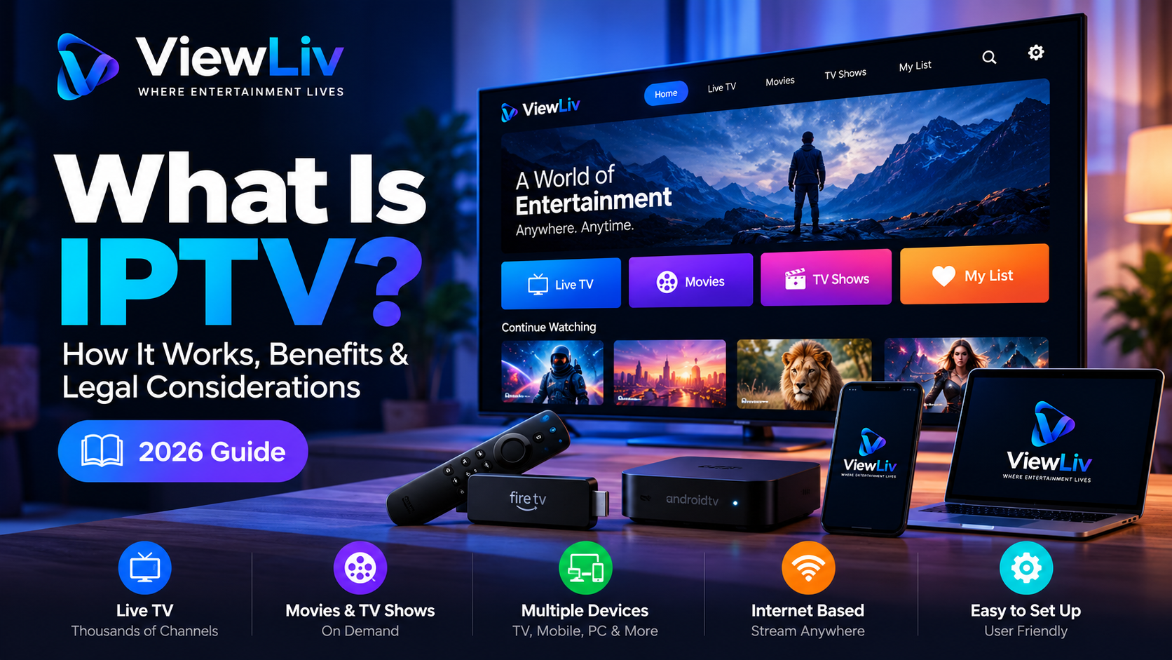 What Is IPTV? 2026 educational guide showing a Smart TV and compatible streaming devices.