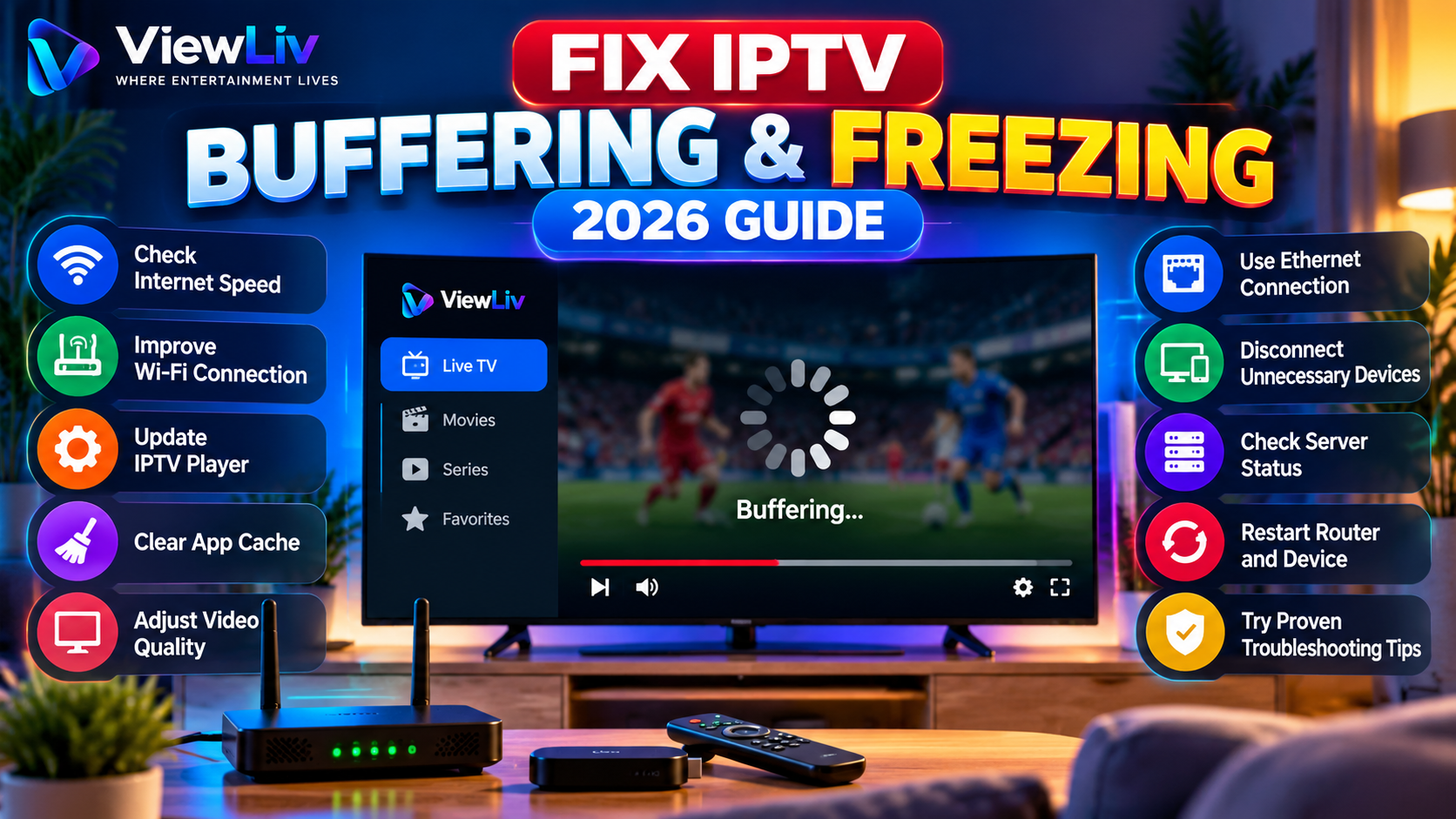 ViewLiv IPTV buffering and freezing troubleshooting guide 2026 showing a Smart TV with loading symbol and network troubleshooting visuals