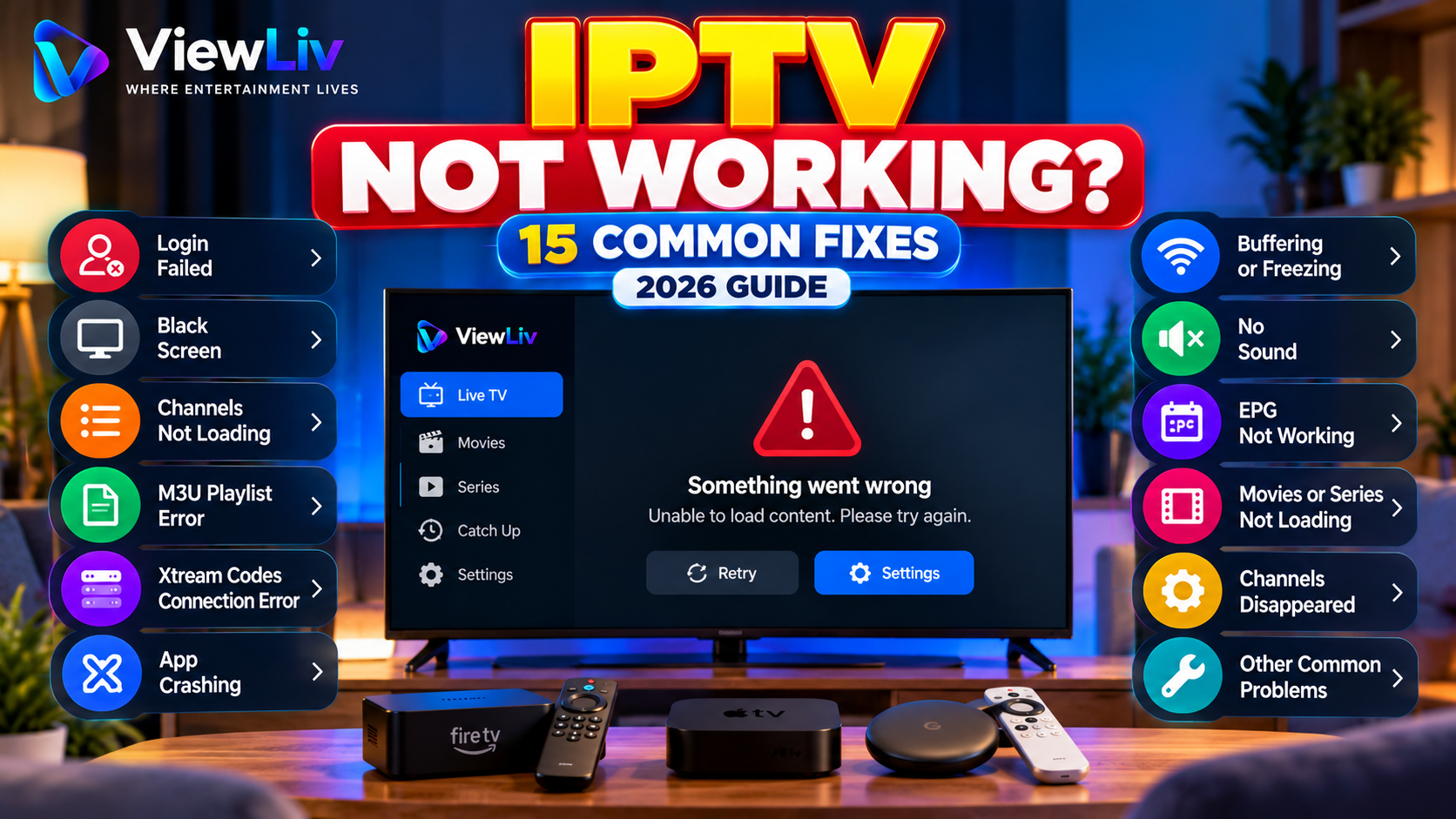 ViewLiv IPTV not working troubleshooting guide 2026 featuring a Smart TV with playback error and common IPTV problem solutions